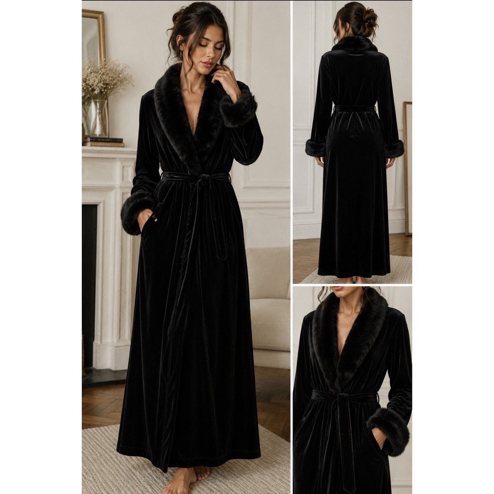 Vintage Jasmine Rose Black Velvet Robe Faux Fur Trim Size L Long Old Money Glam